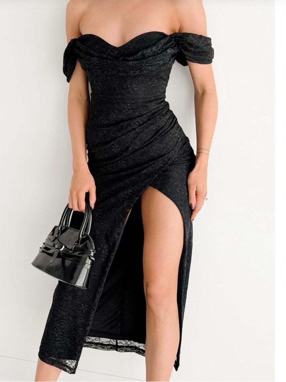 Never Worn! Off-Shoulder Sparkle Black Ruched High-Slit Midi Dress